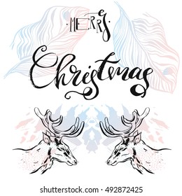 Hand drawn vector abstract textured graphic card template design with handwritten modern ink lettering phase Merry Christmas,tropical palm leaves and deers reflect composition isolated on white.