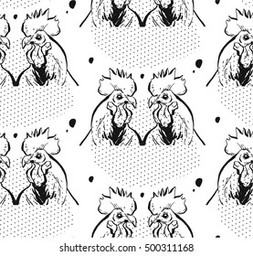 Hand drawn vector abstract textured graphic seamless pattern of ink rooster heads and polka dots textures isolated on white background.
