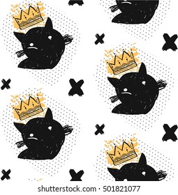 Hand drawn vector abstract textured doodle sketched silhouette seamless pattern of black cat in gold crown,black crosses and polka dot texture isolated on white background.Halloween background