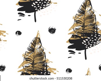 Hand Drawn Vector Abstract Textured Seamless Pattern Of Golden Palm Leaves Graphic Illustration And Brush Painted Polka Dot Texture Isolated On White Background.Christmas Tree Concept Pattern.