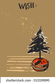 Hand drawn vector abstract textured Christmas card with Christmas tree in pot.Design for greeting card,save the date,journaling,postcard,tag,poster,flayer,note page.