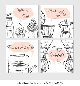 Hand Drawn Vector Abstract Textured Food Card Design Template With Graphic Food And Kitchen Illustration And Valentines Day Quotes For Recipe,coking,note,banner,poster,decoration Isolated On White