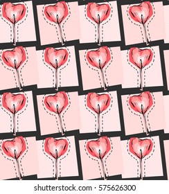 Hand drawn vector abstract textured Valentines day seamless pattern with heart shape red lollipops candies in pink pastel colors isolated on black background.Design for shop,wedding,save the date