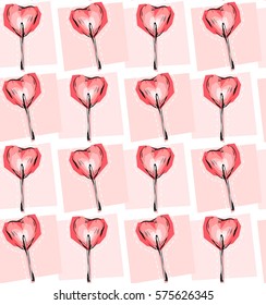 Hand drawn vector abstract textured Valentines day seamless pattern with heart shape red lollipops candies in pink pastel colors isolated on white background.Design for shop,wedding,save the date