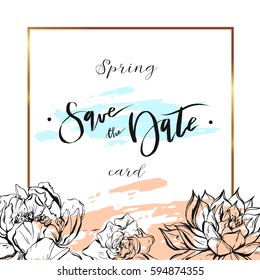 Hand drawn vector abstract textured creative spring save the date card template with golden frame and graphic flowers isolated on white background.