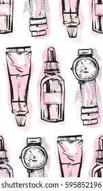 Hand drawn vector abstract textured graphic fashion chic style collection seamless pattern with girl accessories in pink pastel colors isolated on white background.Design for logo,journaling,fashion