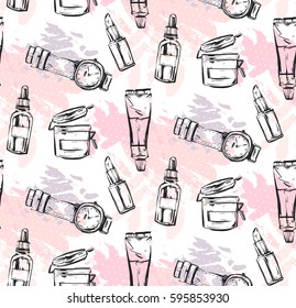 Hand drawn vector abstract textured graphic fashion chic style collection seamless pattern with girl accessories in pink pastel colors isolated on white background.Design for logo,journaling,fashion