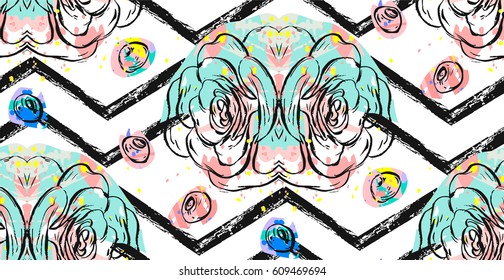 Hand drawn vector abstract textured collage seamless pattern with succulent plants,summer berries and freehand texture,isolated on white background.Fashion fabric design.