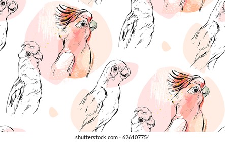 Hand drawn vector abstract textured graphic seamless pattern collage with exotic tropical parrots in pastel color isolated on white background. Wedding, decoration, fashion fabric, save the date, birthday