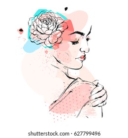 Hand drawn vector abstract textured collage illustration with female bridal figure with flowers in head in pastel colors isolated on white background.wedding,birthday.save the date,invitation,flayer