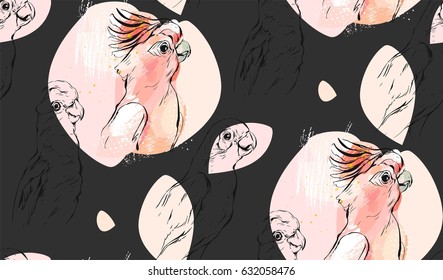 Hand drawn vector abstract textured graphic seamless pattern collage with exotic tropical parrots in pastel color isolated on black background.Wedding,decoration,fashion fabric,save the date,birthday