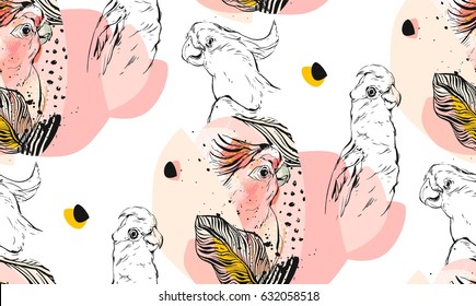 Hand drawn vector abstract textured graphic seamless pattern collage with exotic tropical parrots in pastel color isolated on white background.Wedding,decoration,fabric,save the date,birthday.
