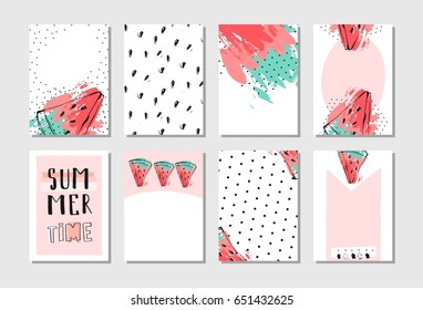 Hand drawn vector abstract textured funny summer time cards set template with watermelon slice in pastel colors isolated on white background.