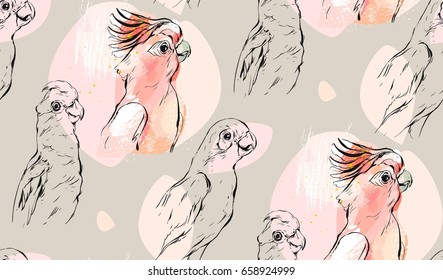 Hand drawn vector abstract textured graphic seamless pattern collage with exotic tropical parrots in pastel color isolated on pastel background.
