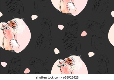 Hand drawn vector abstract textured graphic seamless pattern collage with exotic tropical parrots in pastel color isolated on black background.