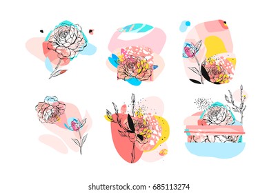 Hand drawn vector abstract textured trendy creative universal collage collection elements set with peony flowers motifs isolated on white background with different textures and shapes.