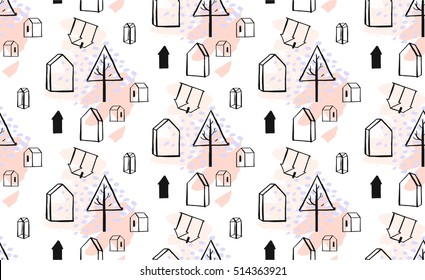 Hand drawn vector abstract tree background seamless pattern with graphic simple christmas trees and pastel colored decor terrariums houses isolated on white background.