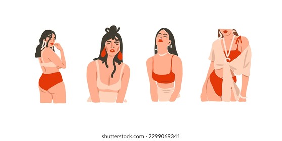 Handgezeichnete, abstrakte, trendige, zeitgenössische Kunst, ästhetische Modegrafik mit böhmischen, schönen modernen Frauen, minimalistischer Trendstil. Abstrakter Zeichensatz für Vektorweibchen.