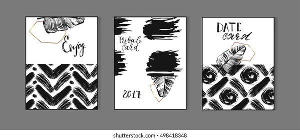 Hand drawn vector abstract tribal modern unusual cards set template with black brush stroke texture,tropical palm leaves and golden terrariums.Use for cards,invitations,greeting cards,covers,brochures