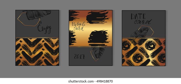 Hand drawn vector abstract tribal modern unusual cards set template with black brush stroke texture,tropical palm leaves and gold.Use for cards,invitations,greeting cards,covers,brochures and flayers