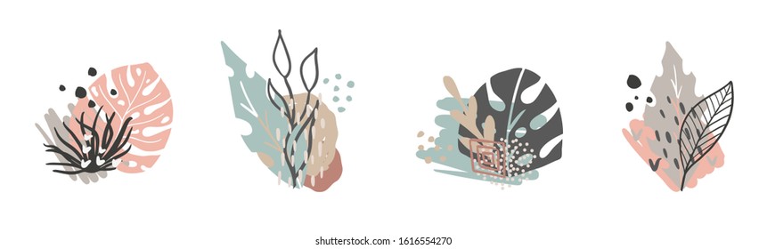 Hand drawn vector abstract tropical leaves background isolated on white. Vector hand draw tropical leaves  background  for paper, cover, fabric, interior decor.