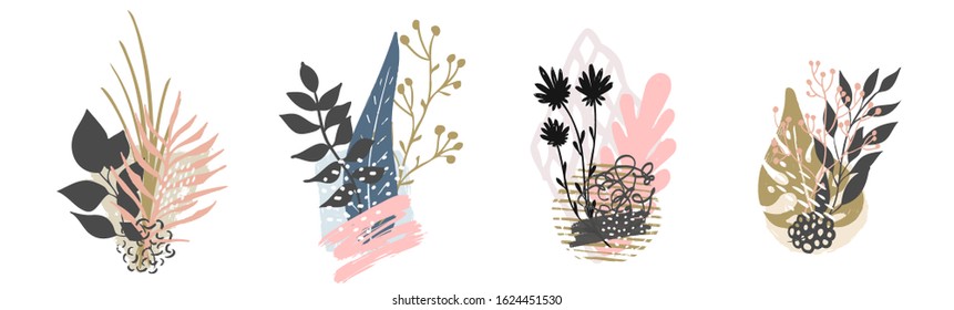 Fondo de hojas tropicales abstractas de vector dibujado a mano aisladas en blanco. La mano vectora dibuja el fondo de hojas tropicales para papel, cubierta, tela, decoración interior.