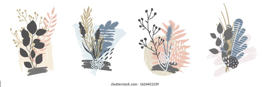 Fondo de hojas tropicales abstractas de vector dibujado a mano aisladas en blanco. La mano vectora dibuja el fondo de hojas tropicales para papel, cubierta, tela, decoración interior.