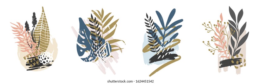 Hand drawn vector abstract tropical leaves background isolated on white. Vector hand draw tropical leaves  background  for paper, cover, fabric, interior decor.
