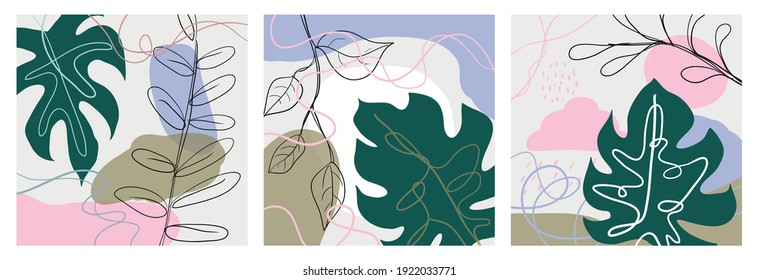 Hand drawn vector abstract tropical leaves background