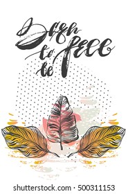 Hand drawn vector abstract tropical textured card template with palm leaves composition,polka dot textures and handwritten modern ink lettering phase born to be free isolated on white background.