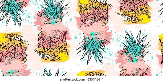 Hand drawn vector abstract tropical seamless pattern with pineapple in pastel colors and freehand textures isolated on white background.Summer time concept,wedding,birthday,save the date,decoration.