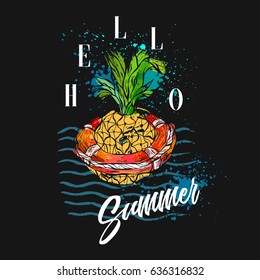 Hand drawn vector abstract tropical illustration with pineapple in red lifebuoy on sea waves,freehand textures and modern calligraphy summer time quote Hello Summer isolated on black background.