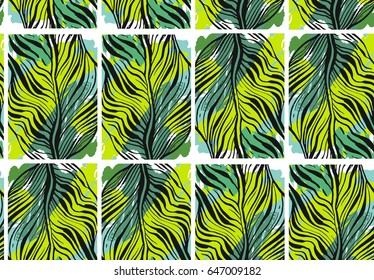 Hand drawn vector abstract tropical seamless pattern with exotic jungle palm leaves and freehand textures in green colors.Wedding,birthday,save the date,fashion fabric,header,headline,anniversary.
