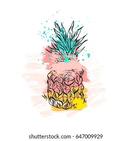 Hand drawn vector abstract tropical pineapple in pastel colors and freehand textures isolated on white background.Summer time concept,wedding,birthday,save the date,decoration,anniversary,stamp,sign