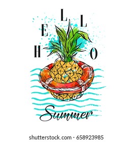 Hand drawn vector abstract tropical illustration with pineapple in red lifebuoy on sea waves,freehand textures and modern calligraphy summer time quote Hello Summer isolated on white background.