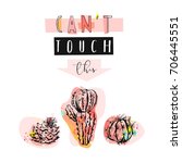 Hand drawn vector abstract unusual cute funny illustration with graphic cactuses icons in bright colors and modern calligraphy quote Cant touch this isolated on white background.Wedding,birthday,logo