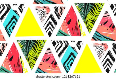 Hand drawn vector abstract unusual summer time decoration collage seamless pattern with watermelon,aztec and tropical palm leaves motif isolated on white background