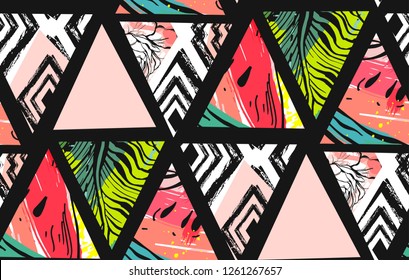 Vectorial dibujado a mano abstracto inusual de verano decoración de color patrón sin fisuras con sandía, azteca y hojas de palma tropical aislado