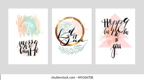 Hand drawn vector abstract unusual modern Merry Christmas lettering greeting card set with cute xmas lettering quotes and christmas tree in pastel and gold colors isolated on white background.