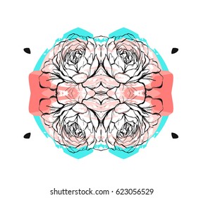 Hand drawn vector abstract unusual creative save the date card template with graphic flower in pastel colors. Hand made textures. Wedding, anniversary, birthday, party invitations.