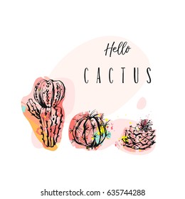 Hand drawn vector abstract unusual cute funny illustration with graphic cactuses icons in bright colors and modern calligraphy quote Hello cactus isolated on white background.Wedding,birthday,logo