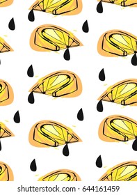 Hand drawn vector abstract unusual summer time seamless pattern with lemon slice and juice drops isolated on white background.Fashion,menu,journalling,logo,design,brand