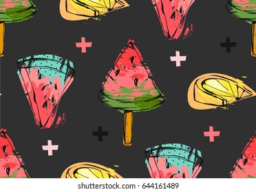 Hand drawn vector abstract unusual summer time seamless pattern with watermelon slice,icecream,lemon and crosses isolated on black background.Wedding,birthday,save the date,fashion fabric,journaling