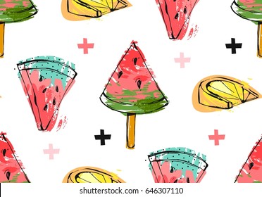 Hand drawn vector abstract unusual summer time seamless pattern with watermelon slice,icecream,lemon and crosses isolated on white background.Wedding,birthday,save the date,fashion fabric,journaling