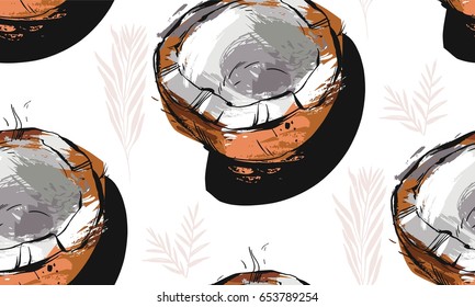 Hand drawn vector abstract unusual seamless pattern with exotic tropical fruit coconut ant palm leaves isolated on white background.