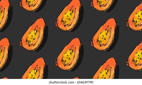 Hand drawn vector abstract unusual seamless pattern with exotic tropical fruit papaya isolated on black background.