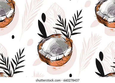 Hand drawn vector abstract unusual seamless pattern with exotic tropical fruit coconut ant palm leaves isolated on white background