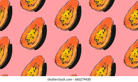 Hand drawn vector abstract unusual seamless pattern with exotic tropical fruit papaya isolated on pink background.