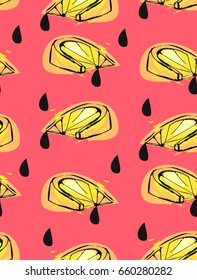 Hand drawn vector abstract unusual summer time seamless pattern with lemon slice and juice drops isolated on pink background