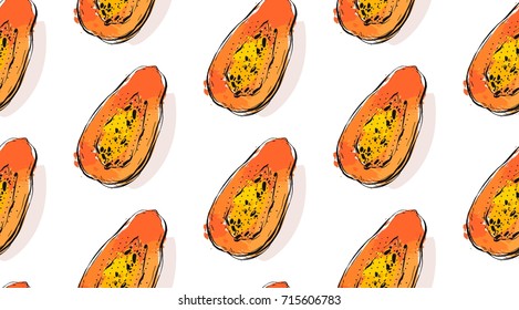 Hand drawn vector abstract unusual seamless pattern with exotic tropical fruit papaya isolated on white background.